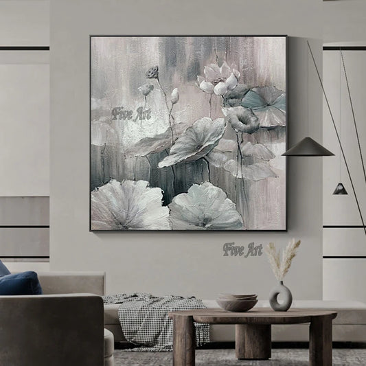 Pintura de flores de estanque de loto en tono gris sobre lienzo, obra de arte personalizada hecha a mano, dibujo artístico de pared de decoración, imagen moderna, sin marco