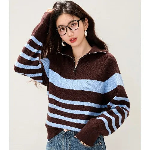 Suéter de punto suave y cómodo para mujer, con cuello de media cremallera, para otoño e invierno, de ajuste holgado, manga la...