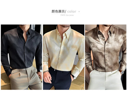 Camisa de manga larga de seda de imitación para hombre, camisa informal estampada de Color degradado a la moda, ropa Social de negocios, ropa de calle para hombre