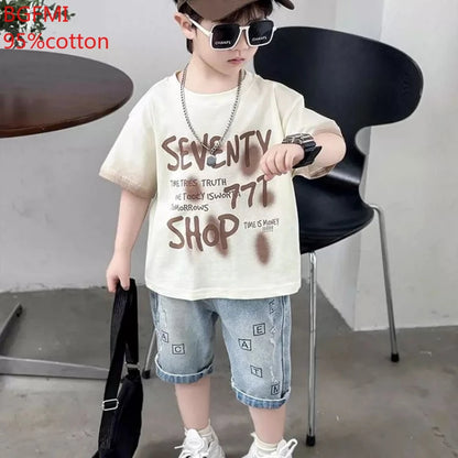 Conjunto de Verano para Niños y Adolescentes, ropa de algodón con letras de manga corta, a la moda, 2 piezas