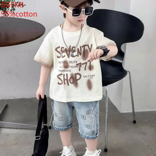 Conjunto de Verano para Niños y Adolescentes, ropa de algodón con letras de manga corta, a la moda, 2 piezas