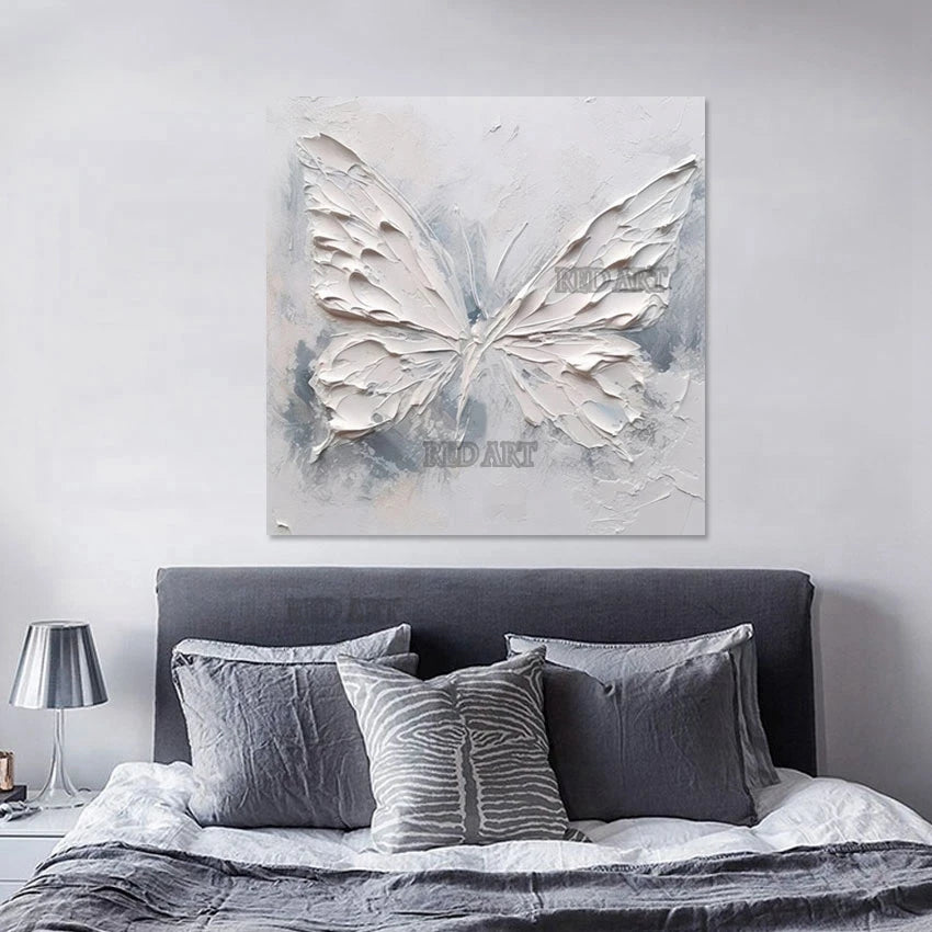 Cuchillo, espesor de textura, cuadro de mariposa acrílico blanco, pintura, lienzo moderno, arte de pared, Panel artesanal hecho a mano