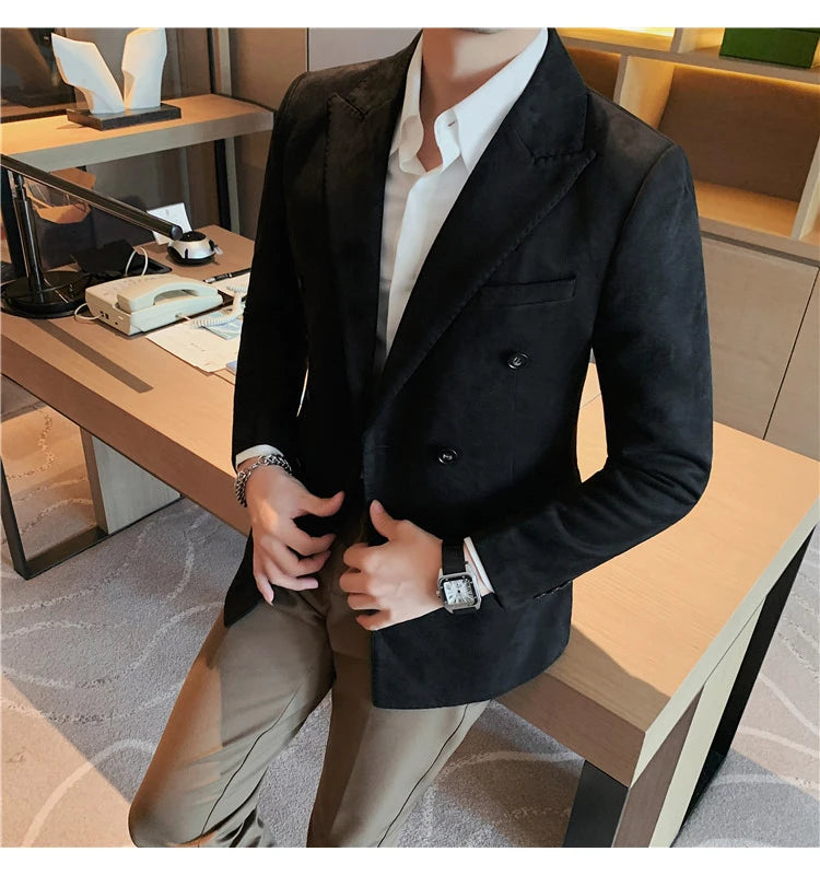 Chaqueta de ante con botones de doble botonadura para hombre, traje de negocios informal, ropa de calle Social, otoño e invierno, 2023