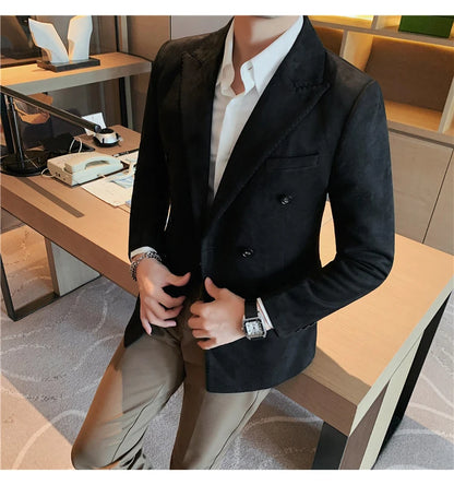 Chaqueta de ante con botones de doble botonadura para hombre, traje de negocios informal, ropa de calle Social, otoño e invierno, 2023