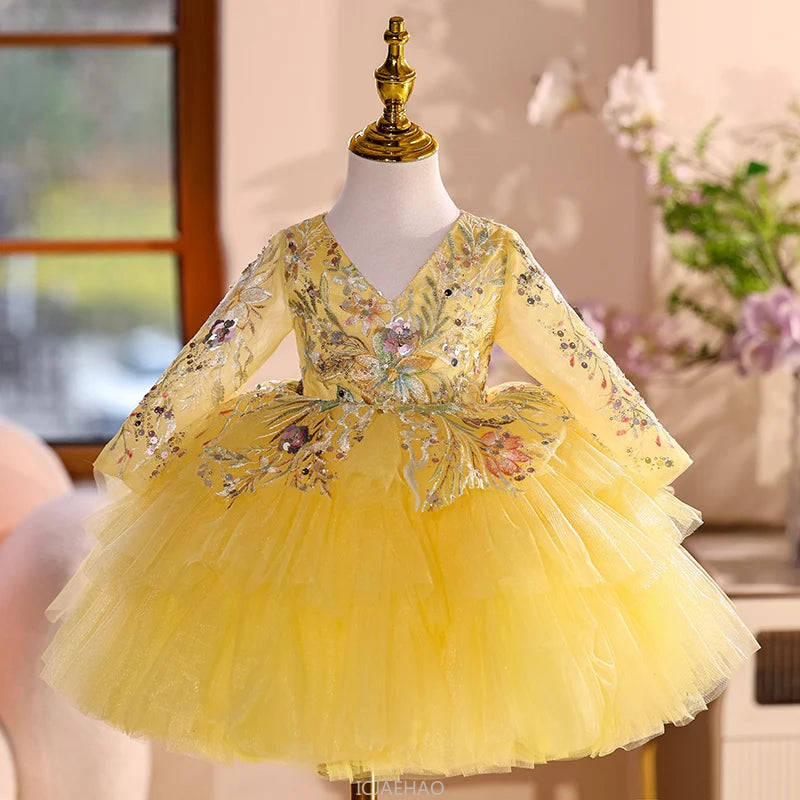 2025 Vestido de fiesta Vestido niños niñas vestidos de novia amarillos disfraz niños flor niña desfile Piano actuación tutú traje