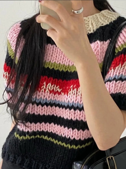 Suéter de punto con rayas arcoíris para mujer, cuello redondo elegante, manga corta, corte ajustado, estilo nuevo de otoño in...