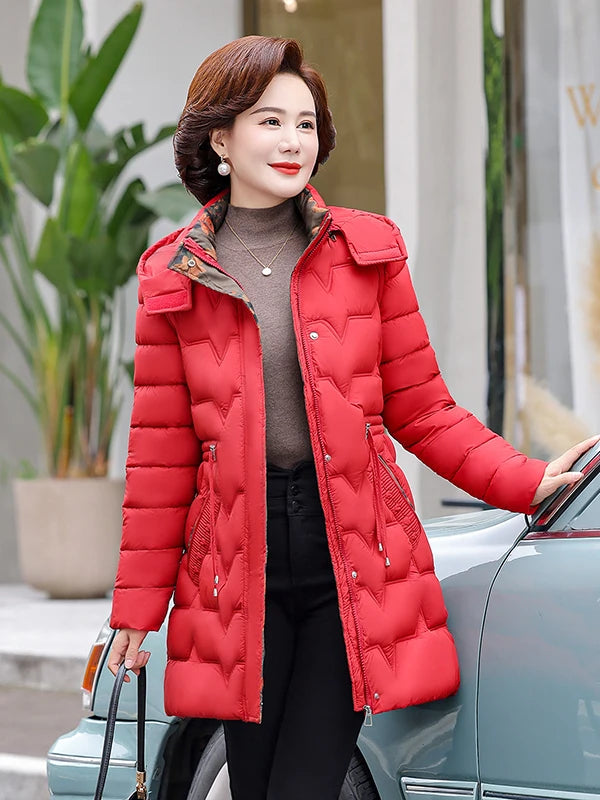 Chaqueta Larga de Algodón Grueso para Mujer, Acolchada, Ajustada, con Cintura Ajustable, Manga Larga, Cierre de Cremallera