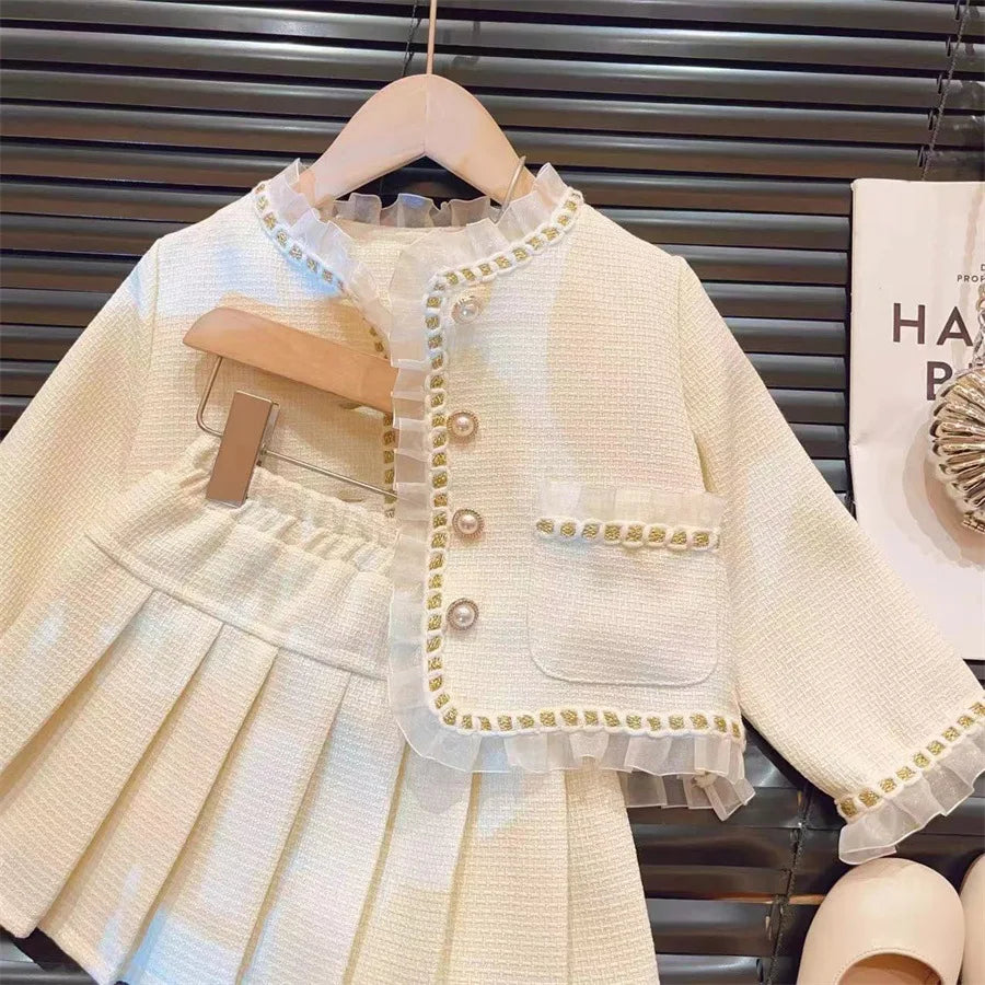 Conjunto de dos piezas de moda para niña, chaqueta de encaje, Falda corta, colección de primavera y otoño, novedad de 2024