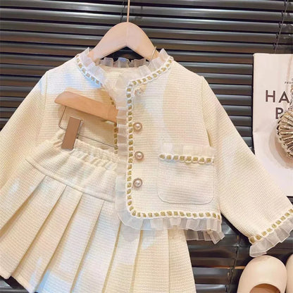 Conjunto de dos piezas de moda para niña, chaqueta de encaje, Falda corta, colección de primavera y otoño, novedad de 2024