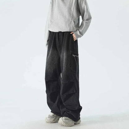 Pantalones vaqueros Cargo plisados de calle alta de otoño para Hombre, Pantalones vaqueros rectos de pierna ancha con bolsillo, moda Hip Hop Y2K, Vaqueros holgados