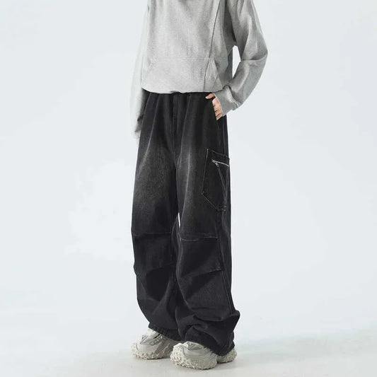 Pantalones vaqueros Cargo plisados de calle alta de otoño para Hombre, Pantalones vaqueros rectos de pierna ancha con bolsillo, moda Hip Hop Y2K, Vaqueros holgados