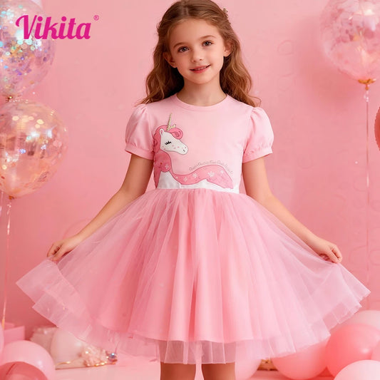 VIKITA, vestido de verano de manga corta con apliques de unicornio rosa para niños pequeños, vestido de fiesta de cumpleaños de malla de tul para niños, vestido elegante y bonito para graduación