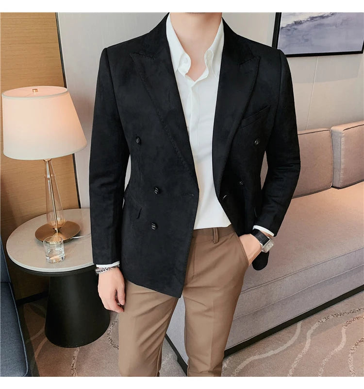 Chaqueta de ante con botones de doble botonadura para hombre, traje de negocios informal, ropa de calle Social, otoño e invierno, 2023
