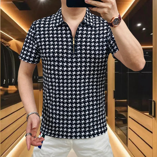 Camiseta de marca de verano con solapa de pata de gallo para hombre, Polo ajustado de manga corta con media cremallera, camiseta informal transpirable de seda de hielo versátil