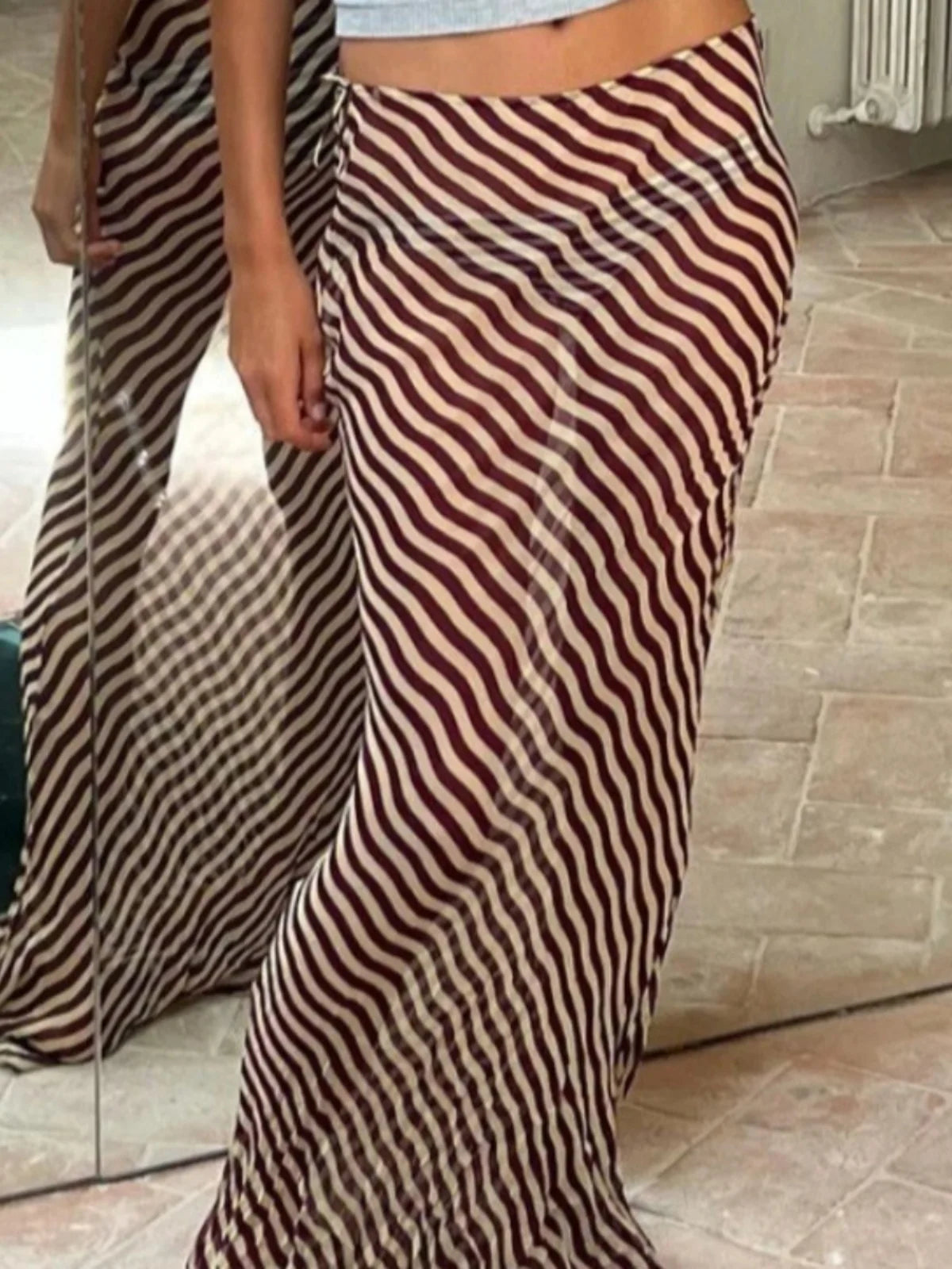 Falda larga holgada a rayas para mujer, elegante y versátil, diseño de cintura media, colección de otoño, falda larga de otro...