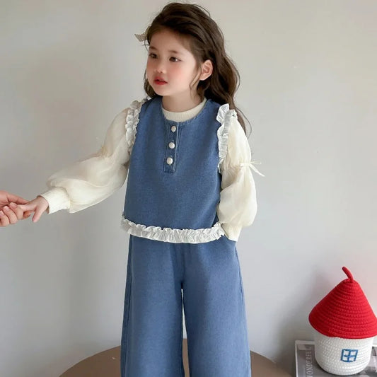 Conjunto de chaleco vaquero con lazo en la espalda para niña, moda coreana para niños, conjunto de tres piezas de pantalones de pierna ancha, ropa para niños