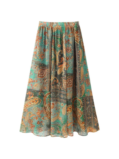 Falda Midi de Gasa con Estampado Retro Dulce y Moderno para Mujer, Estilo Veraniego, Diseño Holgado en la Cintura, Corte en A...