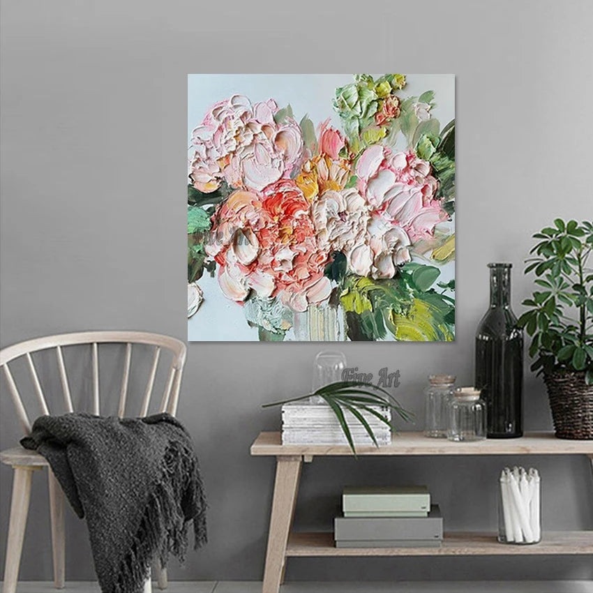 Arte de cuchillo de textura pesada acrílica gruesa, pintura al óleo de flores abstractas, imagen de pared para restaurante, diseños de arte moderno, decoración del hogar