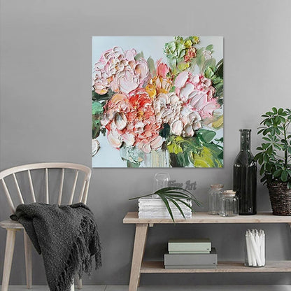 Arte de cuchillo de textura pesada acrílica gruesa, pintura al óleo de flores abstractas, imagen de pared para restaurante, diseños de arte moderno, decoración del hogar
