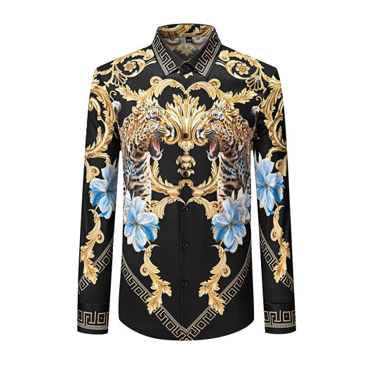 Camisa de manga larga con diamantes de imitación para hombre, camisas informales sociales estampadas, trajes de actuación para fiesta y banquete de negocios, 2026