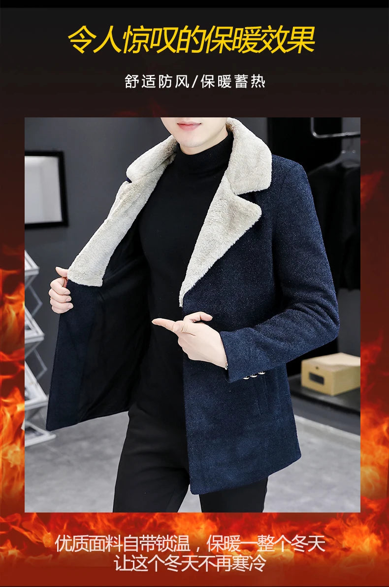 Chaquetas de lana de invierno coreanas para hombres, chaqueta de mezcla de lana gruesa de felpa con solapa, gabardina larga informal de negocios, abrigo de calle