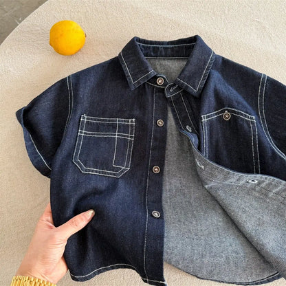 Conjunto de dos piezas de mezclilla de verano para niños de 2 a 10 años, camisa de hilo brillante + pantalones cortos para niña, conjunto de camisa fina para bebé, verano 2026