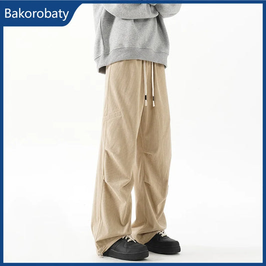 Nuevos Pantalones Cargo Casuales de Corduroy para Hombre, Estilo Y2K Vintage, con Pliegues, Ajuste Holgado, Rectos, con Apliques y Cordón, Estilo Urbano