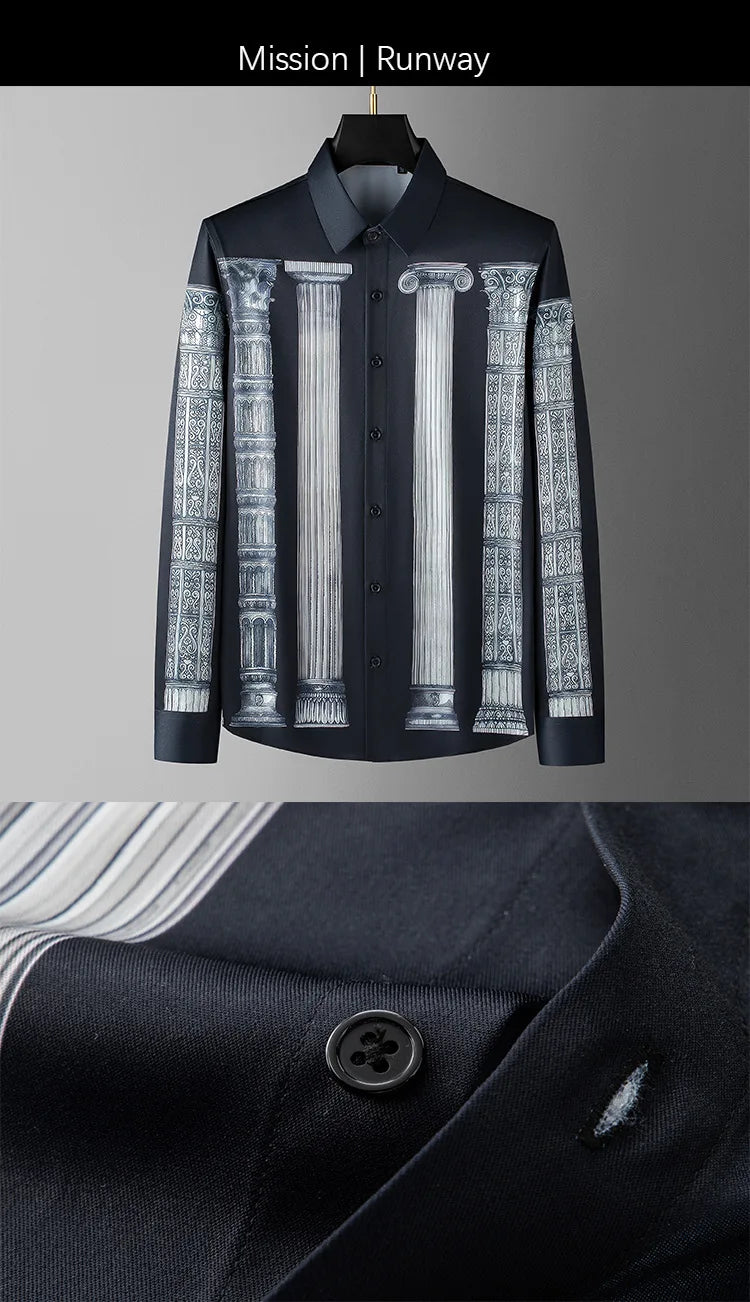 Camisa de manga larga con estampado de columna romana de estilo americano y europeo para hombre, camisas de vestir formales de negocios informales ajustadas, ropa para hombre