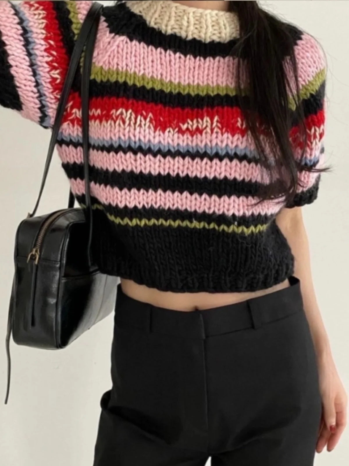 Suéter de punto con rayas arcoíris para mujer, cuello redondo elegante, manga corta, corte ajustado, estilo nuevo de otoño in...