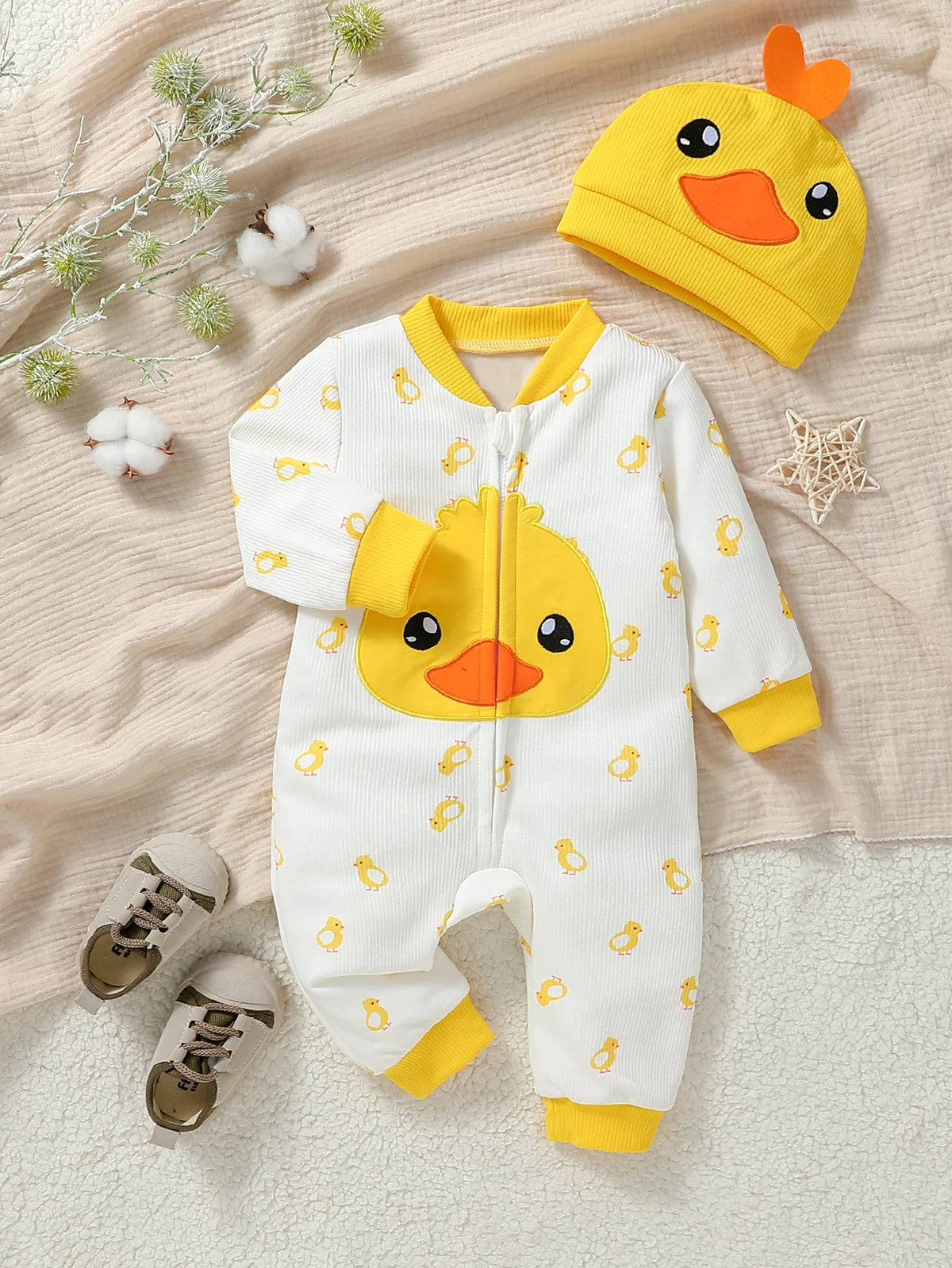 Bebé niños/niñas lindo mono de manga larga con cremallera sombrero de pato 2 piezas para Otoño/Invierno 1-2Y ropa Casual de uso diario