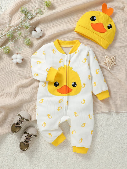 Bebé niños/niñas lindo mono de manga larga con cremallera sombrero de pato 2 piezas para Otoño/Invierno 1-2Y ropa Casual de uso diario
