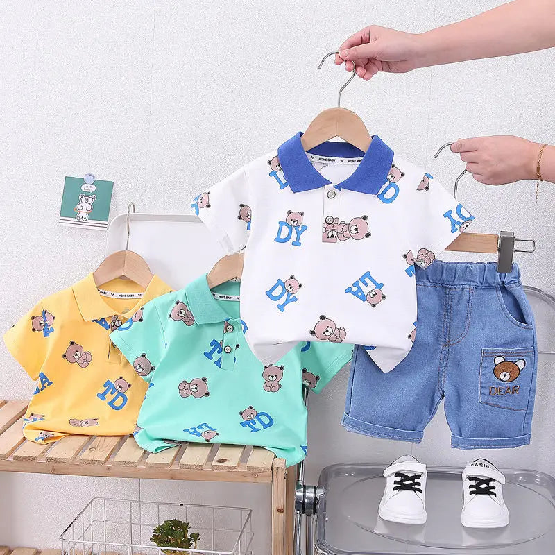Ropa de dibujos animados para bebé, Camiseta con estampado de oso, pantalones cortos, 2 uds./Set
