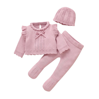 Conjuntos de ropa de invierno para niñas, suéter rosa de manga larga, camisas, pantalones y sombreros, trajes para recién nacidos, traje de 3 uds para primavera y otoño