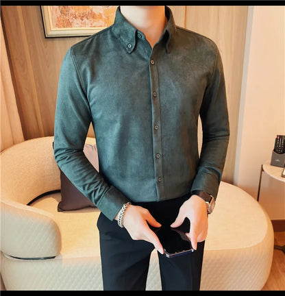 Camisa de ante de alta calidad para hombre, camisas de negocios informales de manga larga para otoño e invierno, blusa de esmoquin para fiesta Social, ropa para hombre 2023