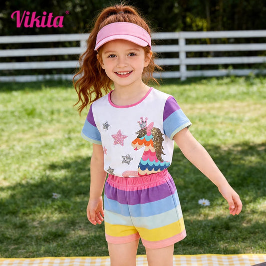 Conjunto de 2 piezas con apliques de lentejuelas de estrella de unicornio para niños pequeños, camisetas informales de algodón suave y pantalones a rayas