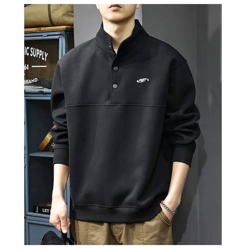 Otoño de los hombres de la letra impresa botón sudadera Stand Collar Patchwork pulóver sudaderas con capucha 2025 nuevo Casual Y2K manga larga Sudaderas