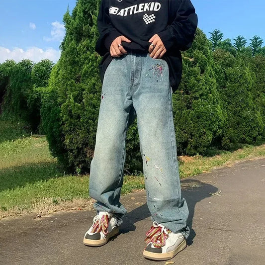 Nuevos Jeans Baggy para Hombre 2026 con Bordado Graffiti, Pantalones Vaqueros Retro de Pierna Recta, Estilo High Street, Desgastados, Y2K