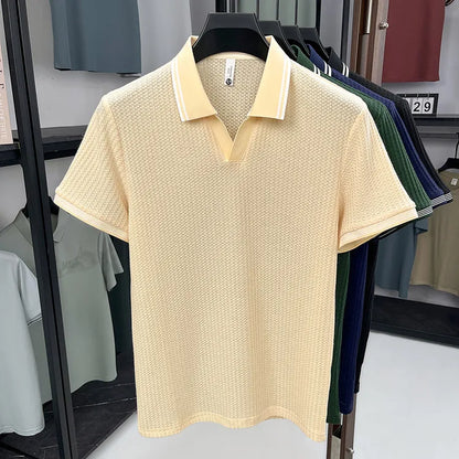 Nueva Camiseta Polo de Verano para Hombre |   Cuello en V con Rayas |   Camiseta de Manga Corta, Transpirable y Ajustada