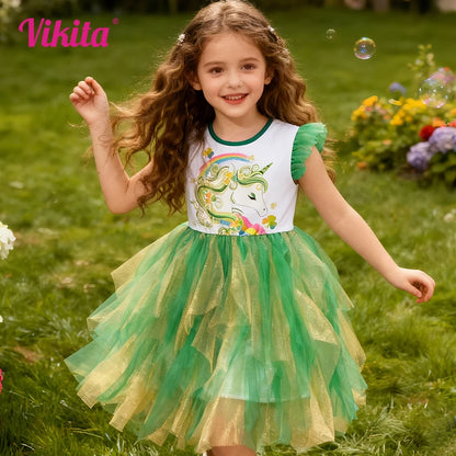 Vestido de manga acampanada para niña, vestidos de tutú irregulares de malla de tul verde para niño, vestido de Parry para Festival de vacaciones de princesa unicornio brillante