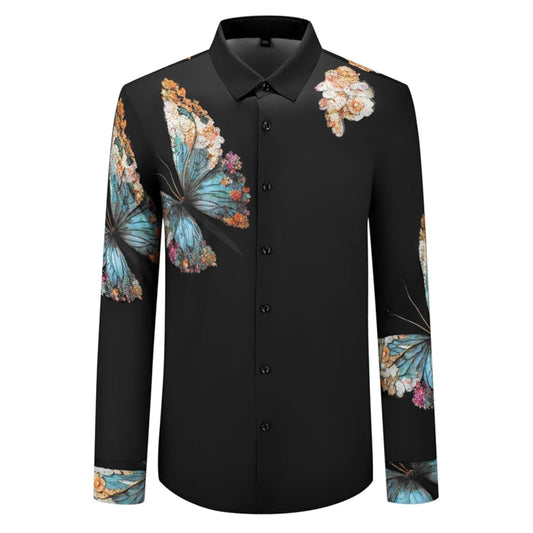 Camisa de lujo con estampado de mariposa y diamantes de imitación para hombre, camisas ajustadas de manga larga, camisas de vestir formales para fiesta de banquete Social y de negocios de alta gama