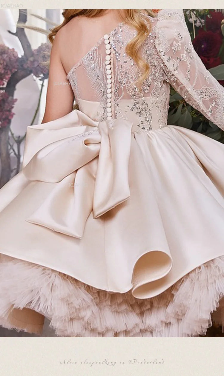 2026 nuevo vestido para niños vestido de princesa con lentejuelas un hombro falda acampanada con lazo Patchwork niños niñas traje Formal de celebración de fiesta