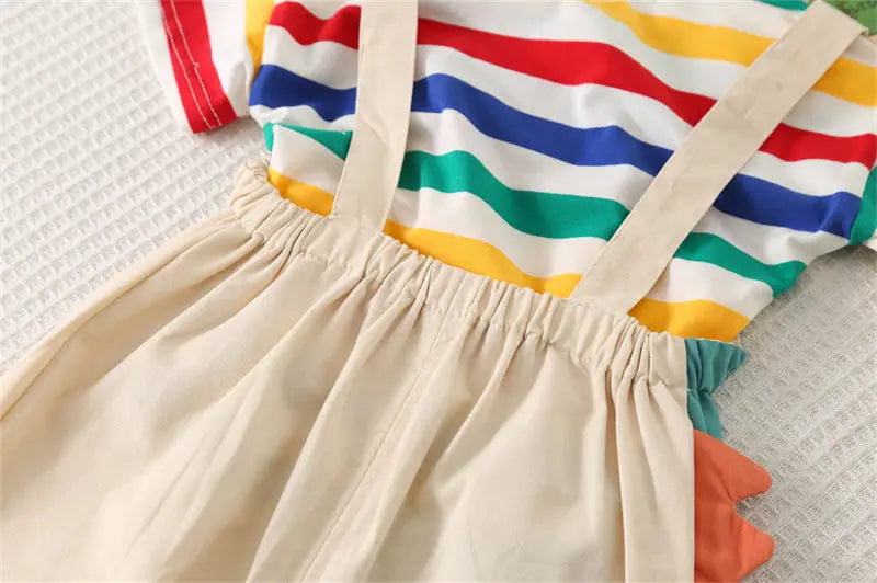 Ropa de verano para niños, ropa de moda para niños pequeños, ropa de arcoíris, camiseta, pantalones con pechera de dinosaurio de dibujos animados, 2 unids/set, traje para niños