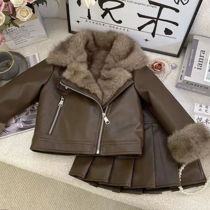 Conjunto de Otoño Invierno para niñas, chaqueta de cuero, nueva chaqueta de cuero gruesa coreana, Falda plisada de moda, conjunto de dos piezas, 2025