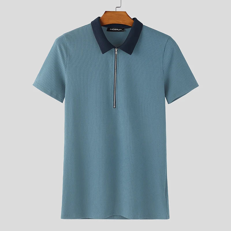 INCERUN-Camisa de punto para hombre, con solapa de retales, manga corta, cremallera, ropa para hombre, Tops, ropa de calle de verano, Camisas de moda con bloques de color