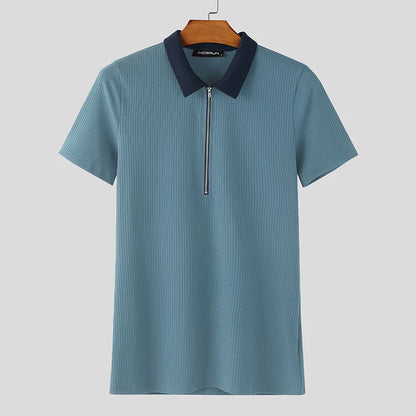 INCERUN-Camisa de punto para hombre, con solapa de retales, manga corta, cremallera, ropa para hombre, Tops, ropa de calle de verano, Camisas de moda con bloques de color