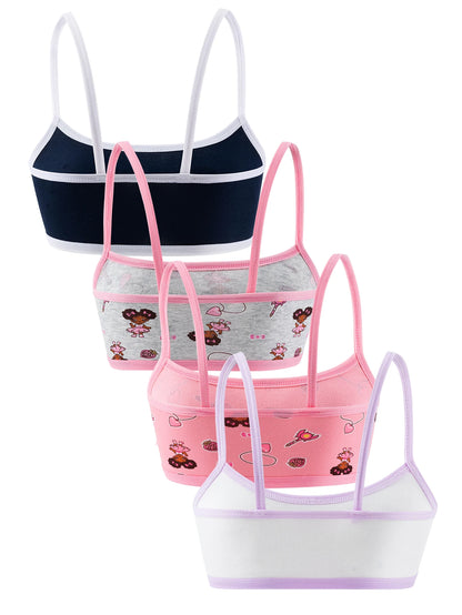 4 piezas de sujetadores de entrenamiento para niñas, ropa interior para niñas, chalecos pequeños, cómodos, sencillos y modernos, con estampado de dibujos animados, colorido.