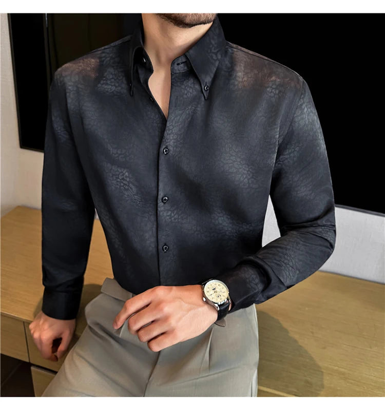 Camisa de manga larga de seda de imitación para hombre, camisa informal estampada de Color degradado a la moda, ropa Social de negocios, ropa de calle para hombre