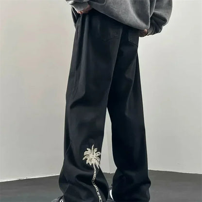 Pantalones Vaqueros de Hombre con Bordado de Palmeras, Estilo Casual, Negros, Rectos, Holgados, Moda Hip Hop, Streetwear Y2K