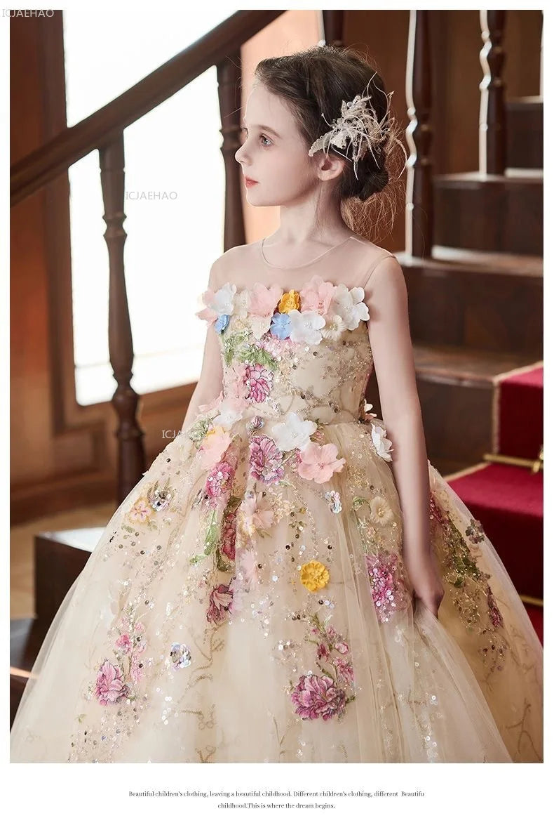 Vestido de fiesta de estilo francés para niñas con flores para el pequeño presentador Piano Recital flor niña boda niños vestido de desfile vestidos
