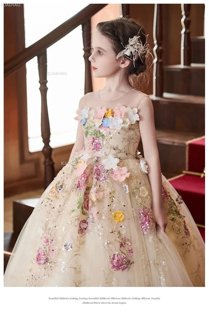 Vestido de fiesta de estilo francés para niñas con flores para el pequeño presentador Piano Recital flor niña boda niños vestido de desfile vestidos